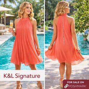 K&L Signature USA Coral Pleated Halter Resort Cruise Swing Dress,EUC, Size L